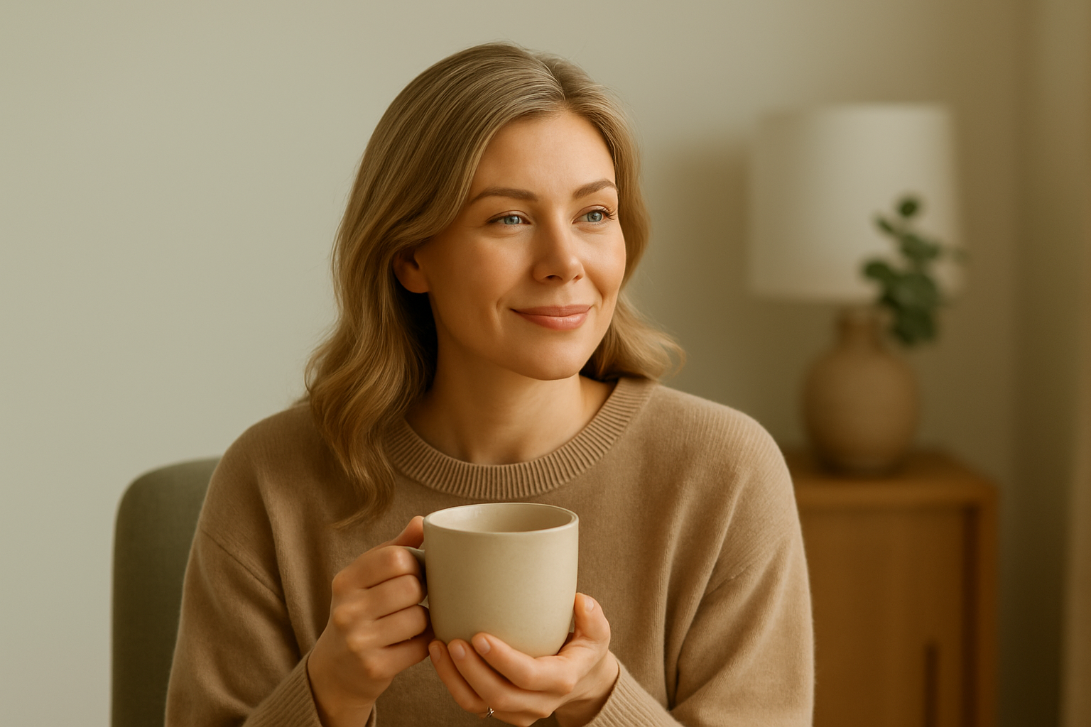 Calm woman drinking tea